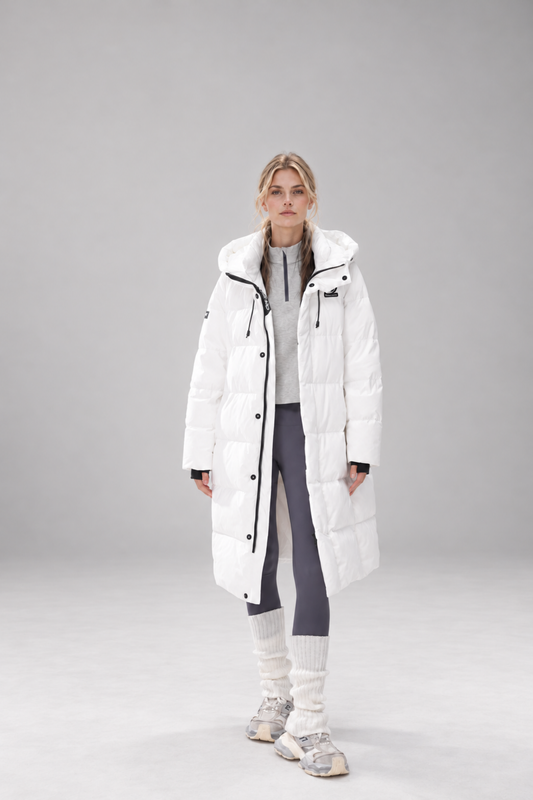 Fernlow Damen-Langmantel mit Kapuze – Stepp-Wintermantel in Schwarz oder Off White