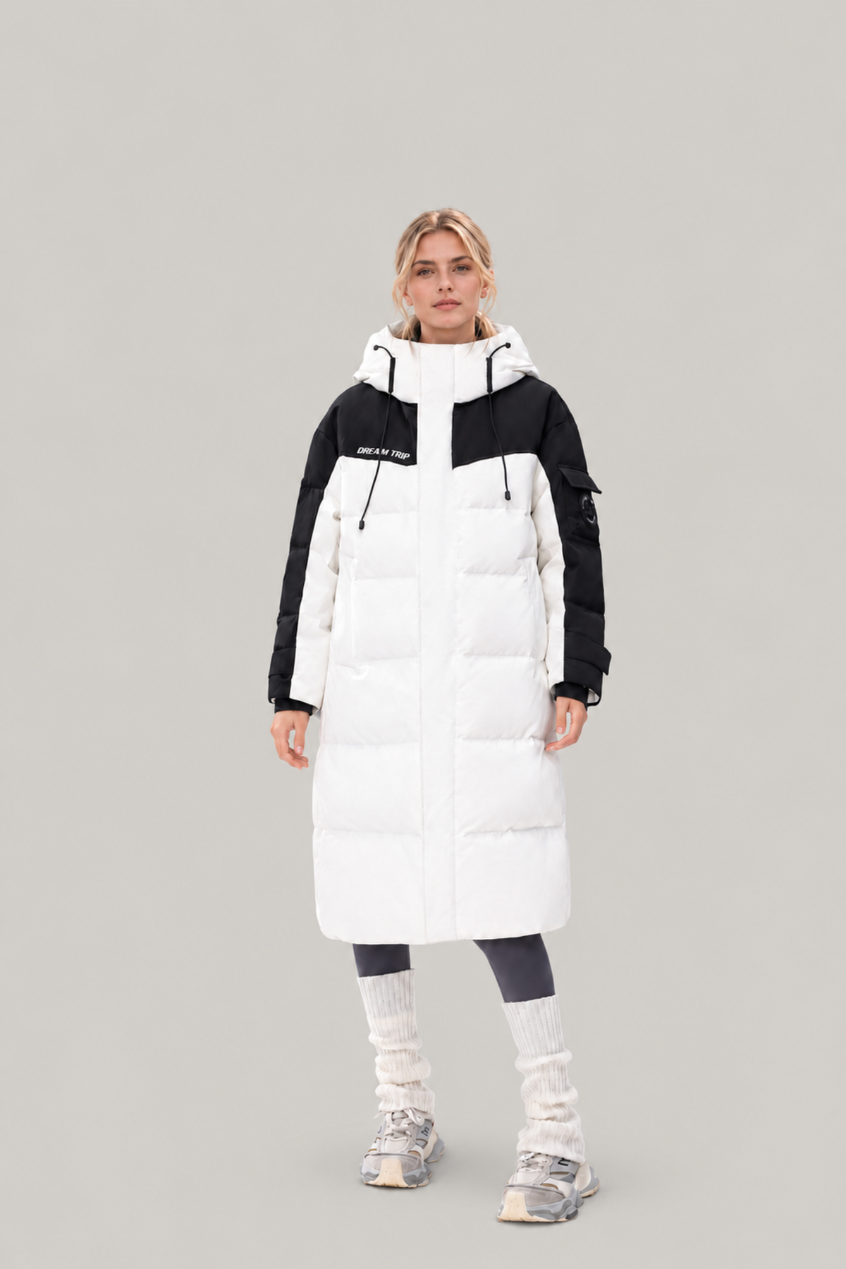 Fernlow Damen-Langmantel mit Kapuze – Colourblock-Wintermantel in Schwarz oder Weiß