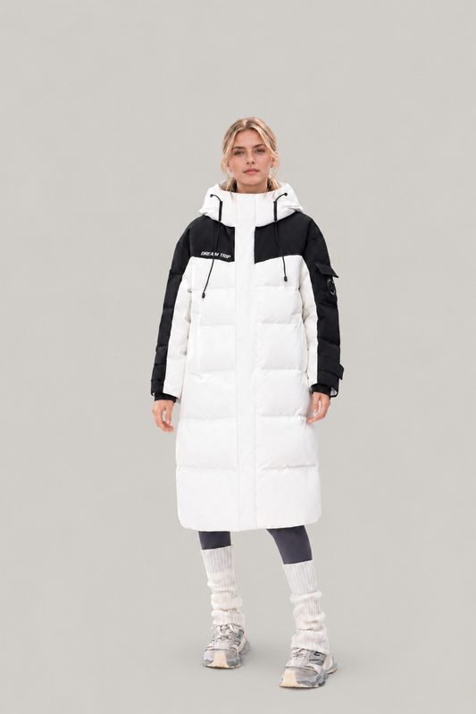 Fernlow Damen-Langmantel mit Kapuze – Colourblock-Wintermantel in Schwarz oder Weiß