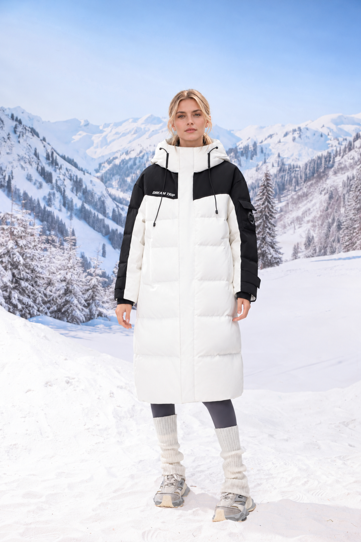 Fernlow Damen-Langmantel mit Kapuze – Colourblock-Wintermantel in Schwarz oder Weiß