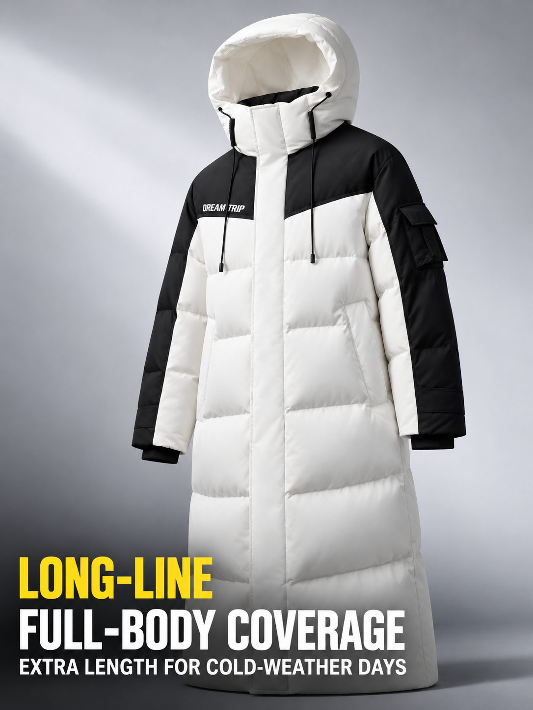 Fernlow Damen-Langmantel mit Kapuze – Colourblock-Wintermantel in Schwarz oder Weiß