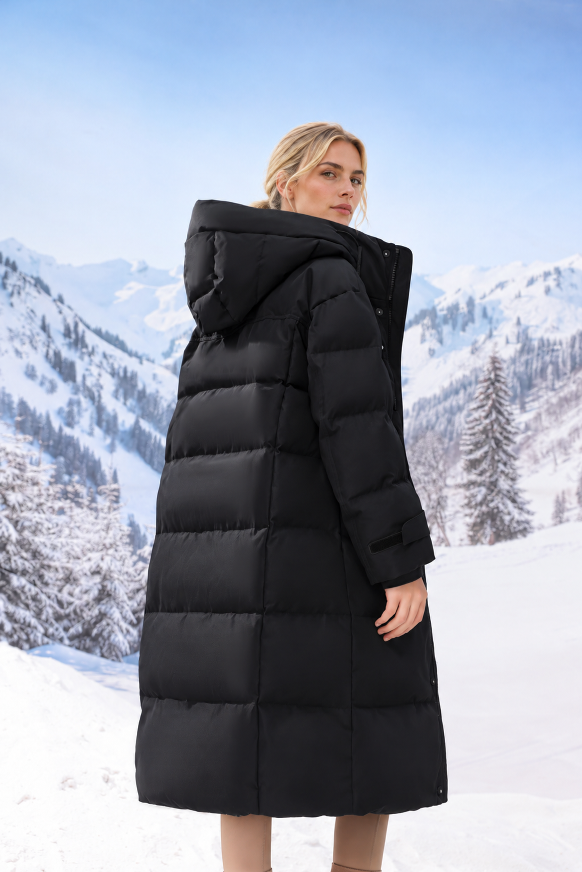 Fernlow Damen-Langmantel mit Kapuze – Colourblock-Wintermantel in Schwarz oder Weiß
