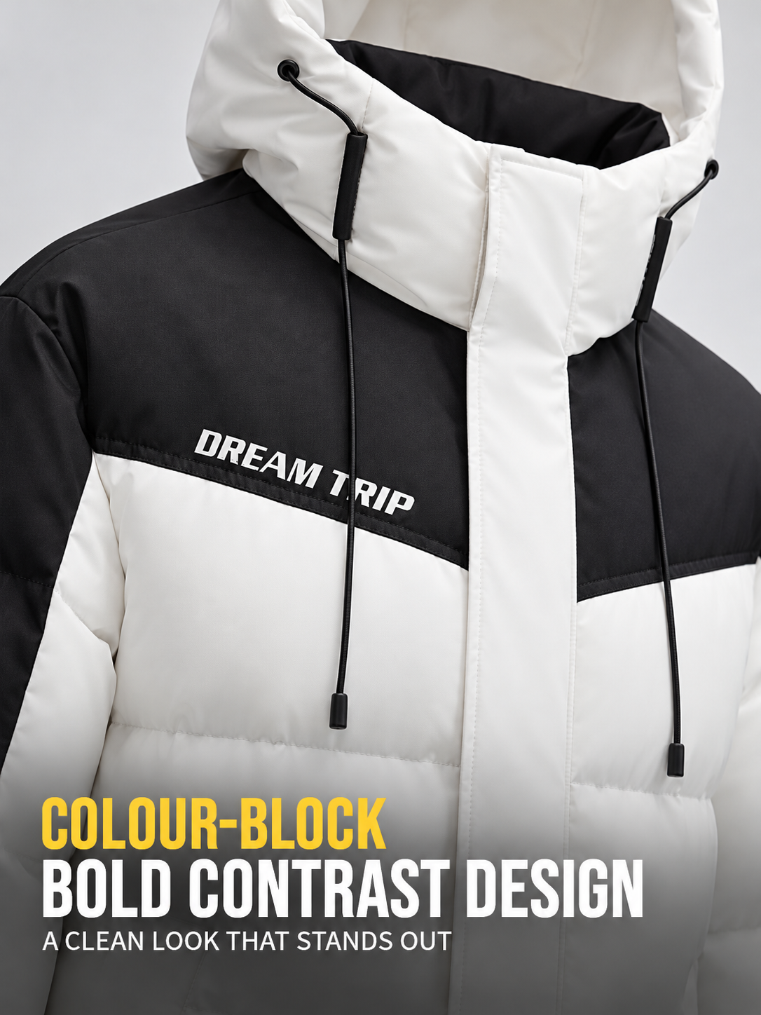 Fernlow Damen-Langmantel mit Kapuze – Colourblock-Wintermantel in Schwarz oder Weiß