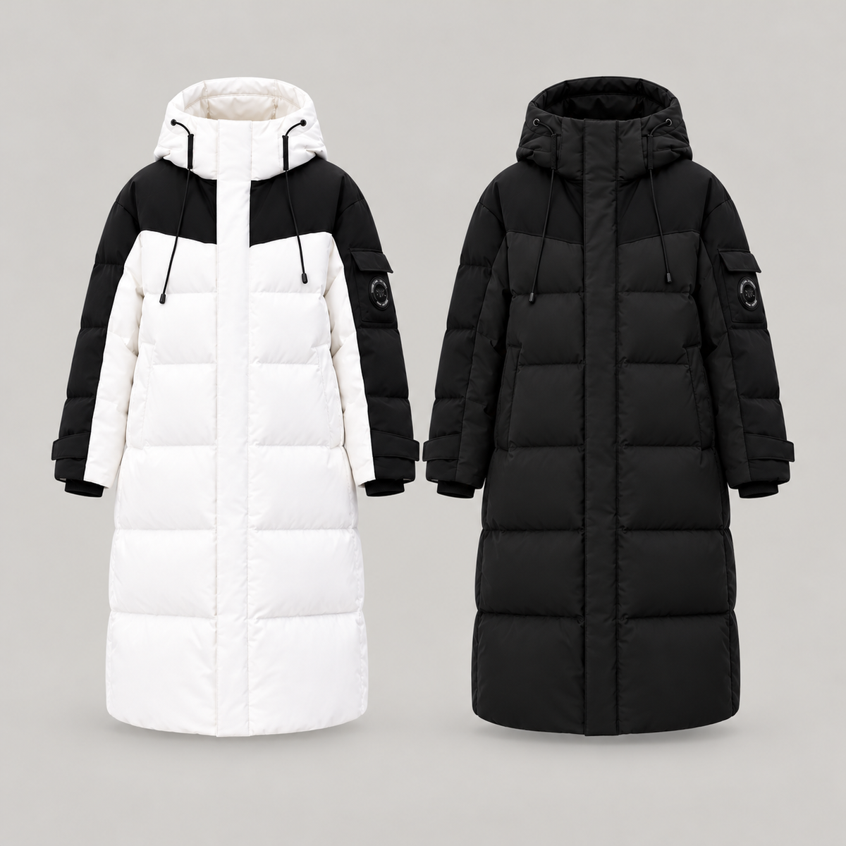Fernlow Damen-Langmantel mit Kapuze – Colourblock-Wintermantel in Schwarz oder Weiß
